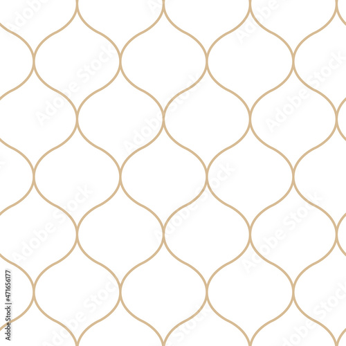 Abstract geometric pattern with the intersection of thin golden lines on a white background. Seamless linear pattern. Stylish fractal texture. 