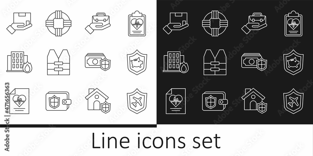 Set line Plane with shield, Piggy bank, Hand holding briefcase, Life jacket, Fire burning house, Delivery insurance, Money and Lifebuoy icon. Vector