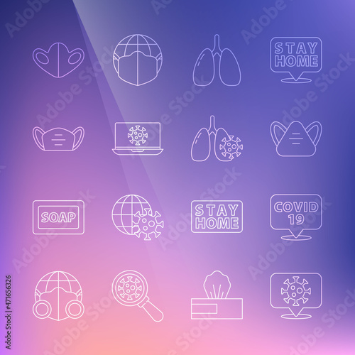 Set line Corona virus on location, Medical protective mask, Lungs, Virus statistics laptop, and cells in lung icon. Vector