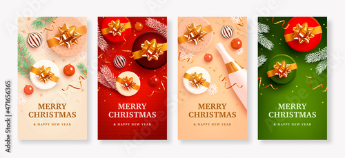 Set of banner, poster, flyer or greeting card with realistic christmas decoration and text space on beige, green and red background. Festive vertical background. Vector illustration