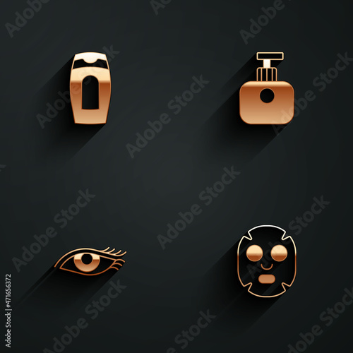 Set Bottle of shampoo, Tube hand cream, Woman eye and Facial cosmetic mask icon with long shadow. Vector