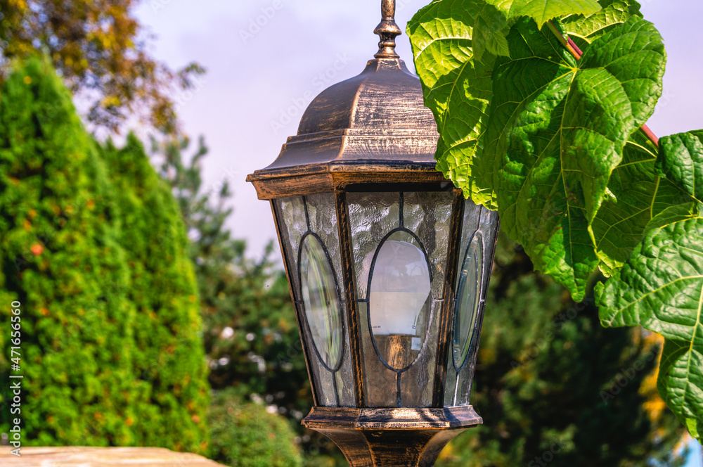 Lantern in the city park. Street lighting. Lantern on a clear day against the background of green bushes