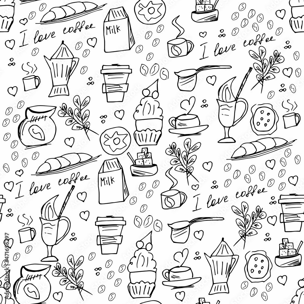 Doodle Draw a seamless coffee set isolated on a white background: a cup of hot coffee, a kettle, beans, sugar, cookies, milk, a croissant, a donut. Hand-drawn coffee set and text I love coffee