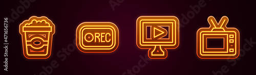Set line Popcorn in cardboard box, Record button, Online play video and Retro tv. Glowing neon icon. Vector