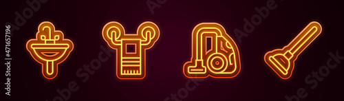 Set line Washbasin, Towel on hanger, Vacuum cleaner and Rubber plunger. Glowing neon icon. Vector