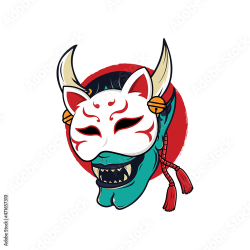 Oni devil and kitsune mask illustration photo