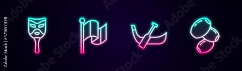Set line Carnival mask, Flag Italy, Gondola boat and Olives. Glowing neon icon. Vector