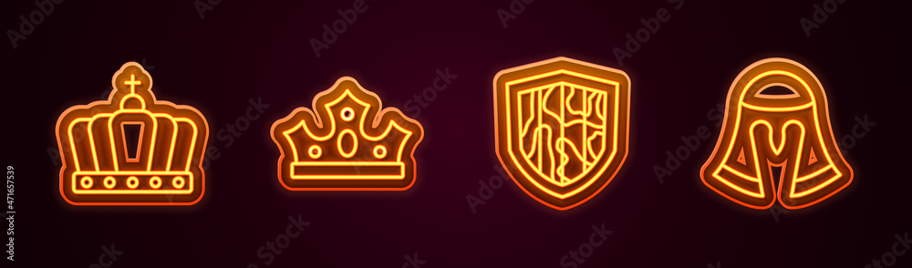 Set line King crown, Shield and Medieval helmet. Glowing neon icon. Vector Set line King crown, Shield and Medieval helmet. Glowing neon icon. Vector