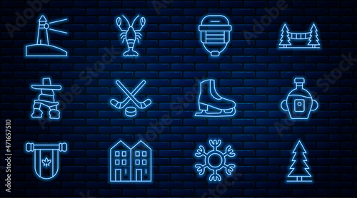 Set line Canadian spruce, Maple syrup, Hockey helmet, Ice hockey sticks and puck, Inukshuk, Lighthouse, Skates and Lobster icon. Vector