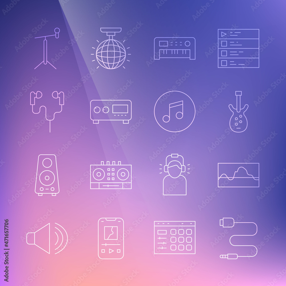 Set line Audio jack, Music wave equalizer, Electric bass guitar, synthesizer, Guitar amplifier, Air headphones, Microphone with stand and note, tone icon. Vector
