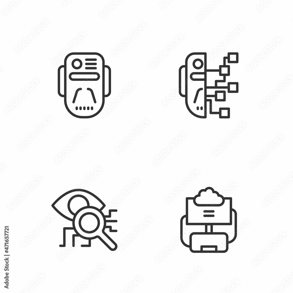 Set line Cloud database, Eye scan, Artificial intelligence robot and Humanoid icon. Vector