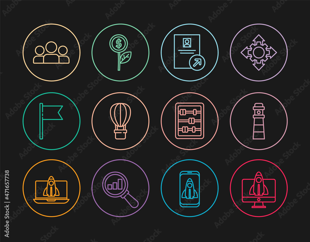 Set line Startup project concept, Lighthouse, Job promotion, Hot air balloon, Location marker, Users group, Abacus and Dollar plant icon. Vector Set line Startup project concept, Lighthouse, Job promotion, Hot air balloon, Location marker, Users group, Abacus and Dollar plant icon. Vector
