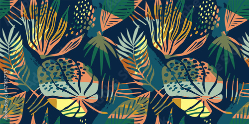 Abstract art seamless pattern with tropical leaves.