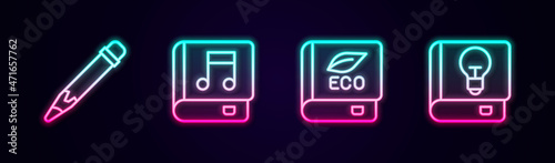 Set line Pencil with eraser, Audio book, Book about ecology and User manual. Glowing neon icon. Vector