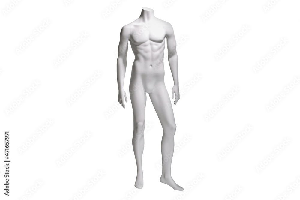 Male white plastic glossy standing mannequin doll for clothes isolated on white background. Human body model. Decor showcases fashion store. Realistic illustration front view. Male white plastic glossy standing mannequin doll for clothes isolated on white background. Human body model. Decor showcases fashion store. Realistic illustration front view.