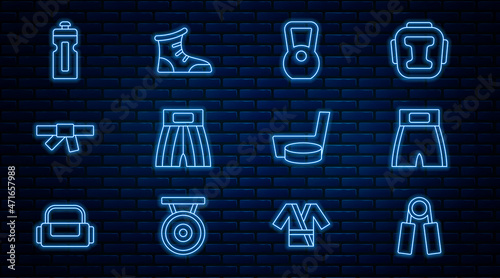 Set line Sport expander, Boxing short, Kettlebell, Black karate belt, Fitness shaker, Ice hockey stick puck and boxing shoes icon. Vector