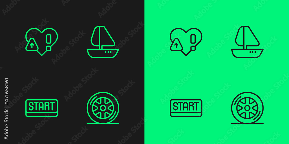 Set line Car wheel, Ribbon in finishing line, Heart rate and Yacht sailboat icon. Vector Set line Car wheel, Ribbon in finishing line, Heart rate and Yacht sailboat icon. Vector