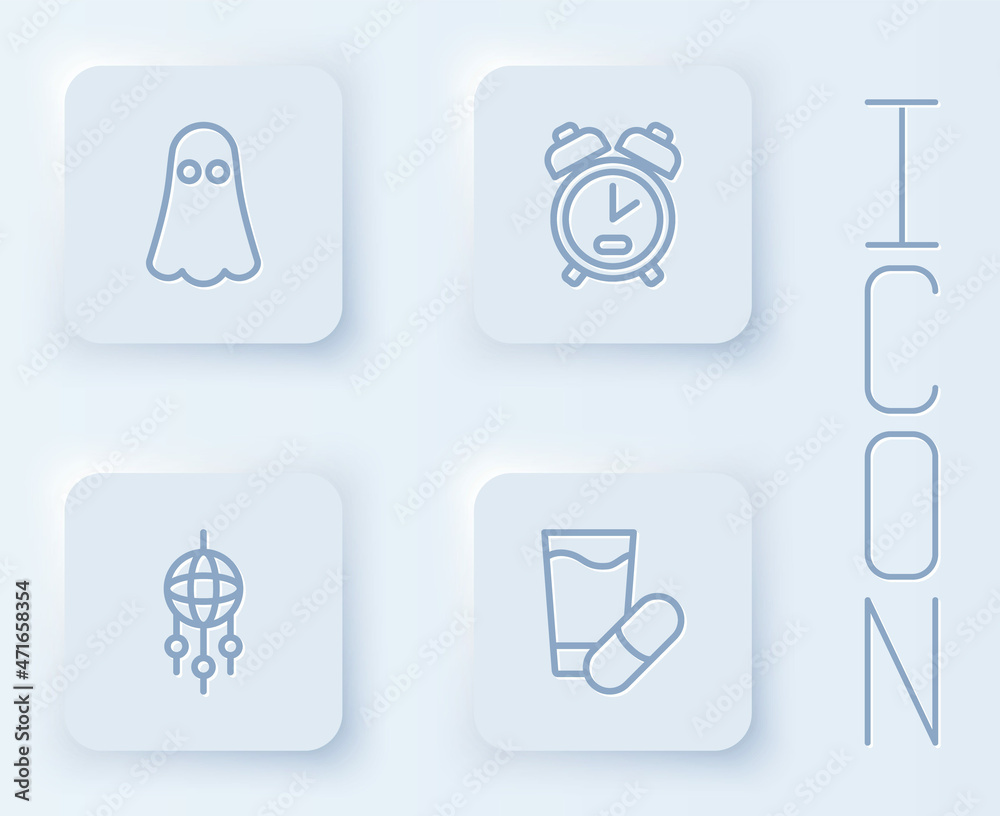 Set line Ghost, Alarm clock, Dream catcher with feathers and Sleeping pill. White square button. Vector Set line Ghost, Alarm clock, Dream catcher with feathers and Sleeping pill. White square button. Vector