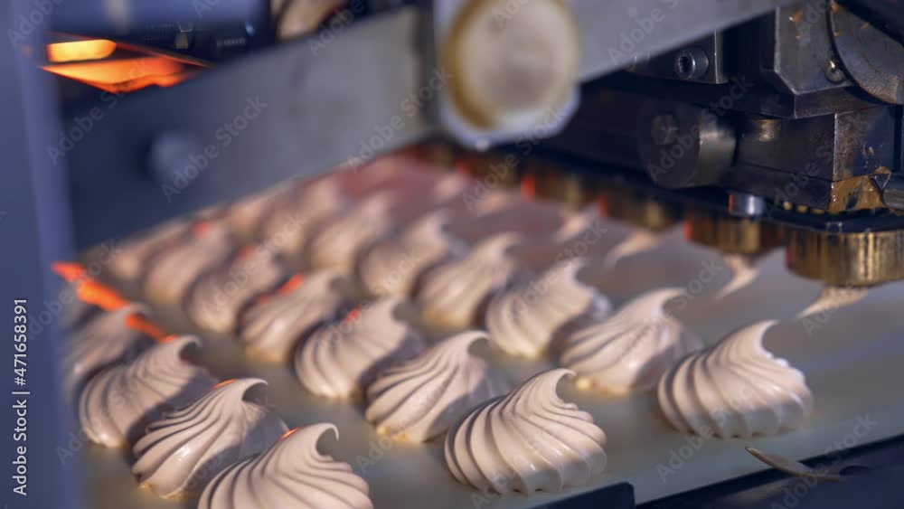 Marshmallow depositing machine making zephyr at confectionery factory