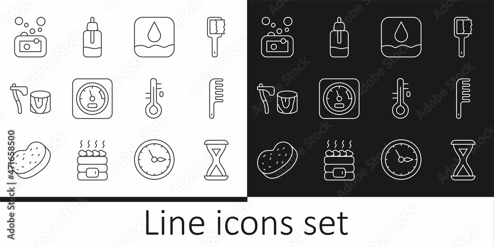 Set line Sauna hourglass, Hairbrush, Water drop, thermometer, Wooden axe in stump, Bar of soap, and Essential oil bottle icon. Vector