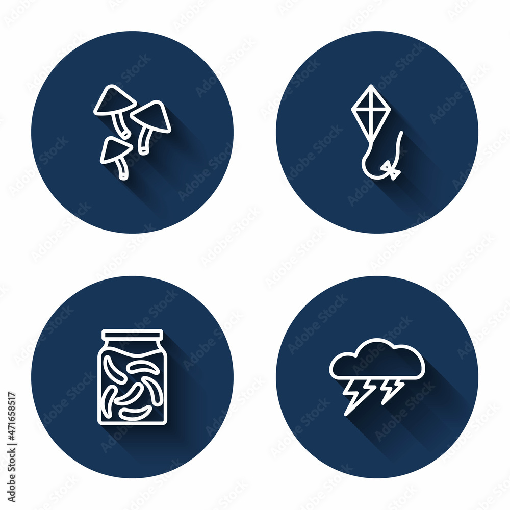 Set line Mushroom, Kite, Pickled cucumbers in a jar and Cloud and lightning with long shadow. Blue circle button. Vector Set line Mushroom, Kite, Pickled cucumbers in a jar and Cloud and lightning with long shadow. Blue circle button. Vector