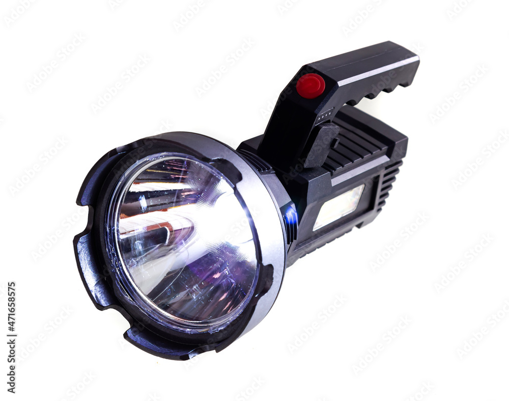A hand held flashlight isolated on a white background