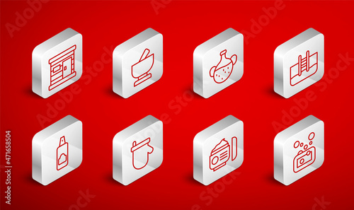 Set line Bar of soap, Mortar and pestle, Essential oil bottle, Swimming pool with ladder, Cream lotion cosmetic tube, Sauna wooden bathhouse, mittens and Spray can for hairspray icon. Vector