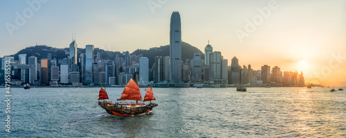 Victoria Harbour sunset panorama, Hong Kong, China photo