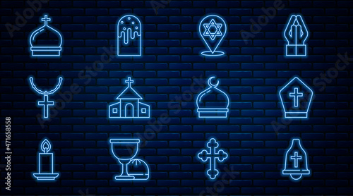 Set line Church bell, Pope hat, Star of David, building, Christian cross on chain, tower, Muslim Mosque and Easter cake icon. Vector