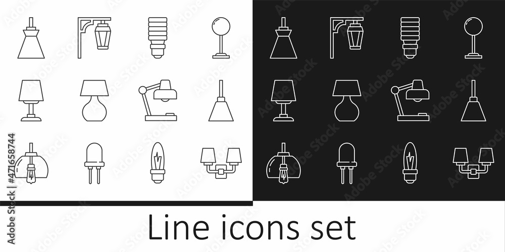 Set line Wall lamp or sconce, Chandelier, LED light bulb, Table, Lamp hanging, and Vintage street icon. Vector