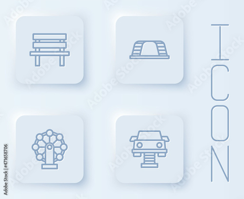 Set line Bench, Monkey bar, Ferris wheel and Swing car. White square button. Vector