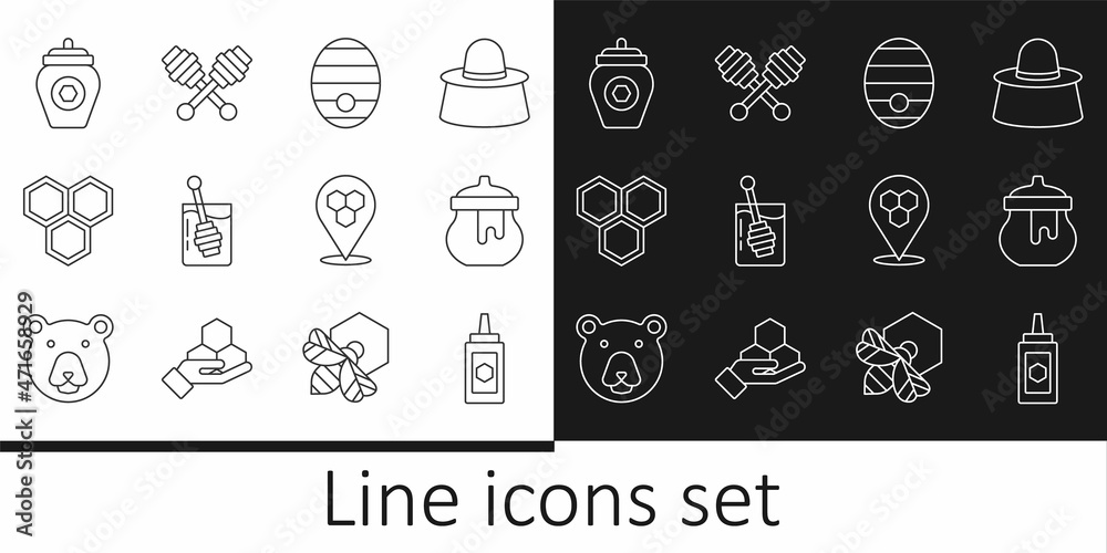 Set line Jar of honey, Hive for bees, Honey dipper stick, Honeycomb, location and icon. Vector Set line Jar of honey, Hive for bees, Honey dipper stick, Honeycomb, location and icon. Vector