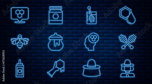 Set line Beekeeper with protect hat, Honey dipper stick, Jar of honey, Honeycomb bee location, and icon. Vector