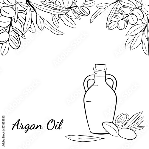 Organic essential oil sketch. Vector set of hair ingredients.Organic hand  drawn elements. Argan nuts, branch, bottle oil.