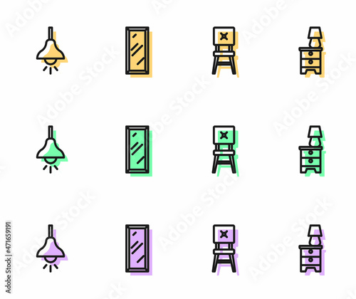 Set line Chair, Lamp hanging, Big full length mirror and Furniture nightstand with lamp icon. Vector