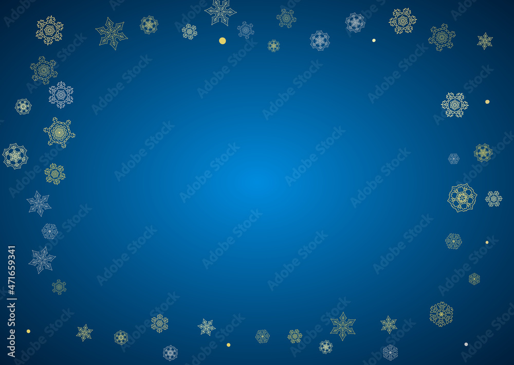 New Year frame with gold snowflakes on blue background. Horizontal Christmas and New Year frame for gift certificate, ads, banner, flyer, sales offers, event invitations. Glitter snow with sparkle