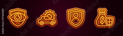 Set line Shield and eye, Car insurance, Life with shield and Money bag. Glowing neon icon. Vector