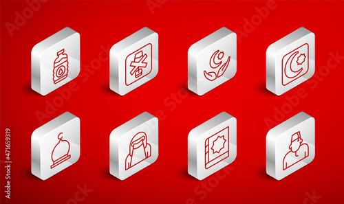 Set line Muslim man, No alcohol, Star and crescent, Holy book of Koran, Bottle water, woman in niqab and Mosque icon. Vector
