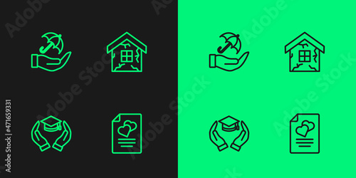 Set line Marriage contract, Education grant, Umbrella in hand and House icon. Vector