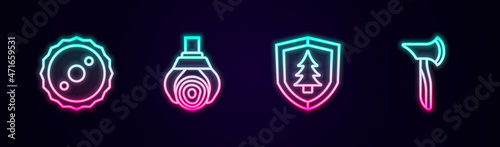 Set line Circular saw blade, Grapple crane grabbed log, Shield with tree and Wooden axe. Glowing neon icon. Vector