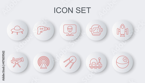 Set line Planet, Telescope, Alien, Mars rover, UFO flying spaceship, Ray gun, Radar and Satellite icon. Vector