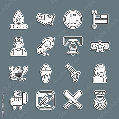 Set line Medal with star, Benjamin Franklin, Star American military, Calendar date July 4, Firework, Sheriff cowboy, Campfire and Liberty bell Philadelphia icon. Vector