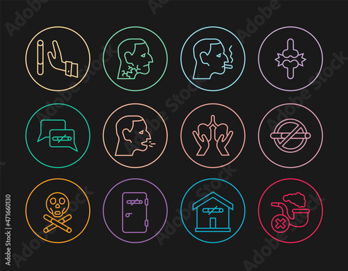 Set line Smoking pipe with smoke, No smoking, Man a cigarette, coughing, Giving up, Lungs and Throat cancer icon. Vector