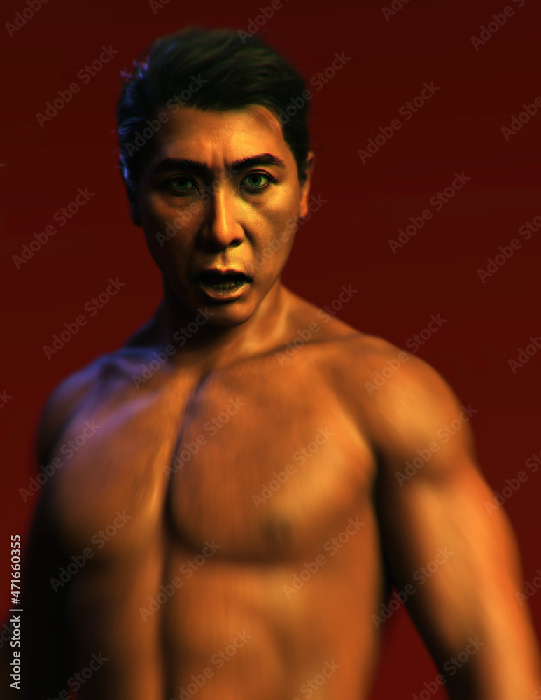Portrait of a scared muscled bare chested asian man against a red background. 3D render.