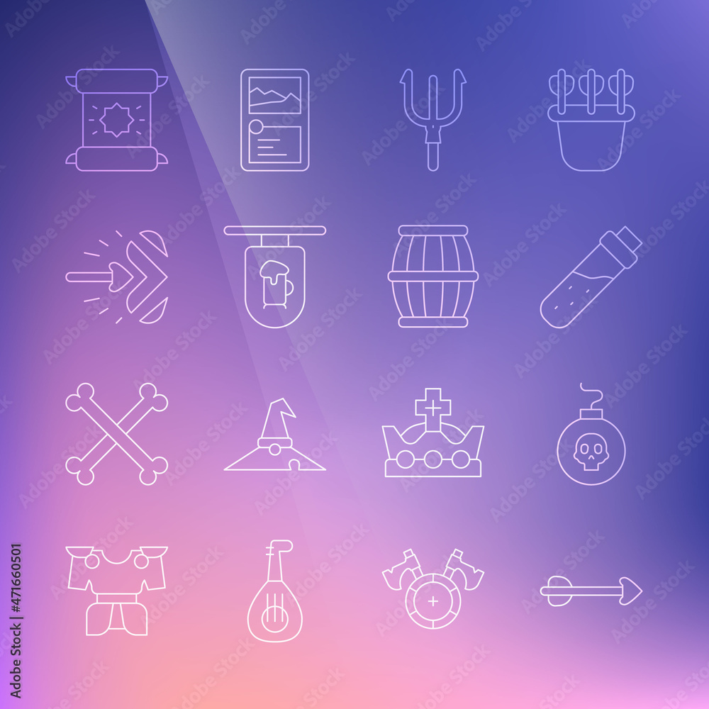 Set line Arrow, Bomb ready to explode, Bottle with potion, Neptune Trident, Street signboard Bar, Magic arrow, Decree, parchment, scroll and Gun powder barrel icon. Vector Set line Arrow, Bomb ready to explode, Bottle with potion, Neptune Trident, Street signboard Bar, Magic arrow, Decree, parchment, scroll and Gun powder barrel icon. Vector