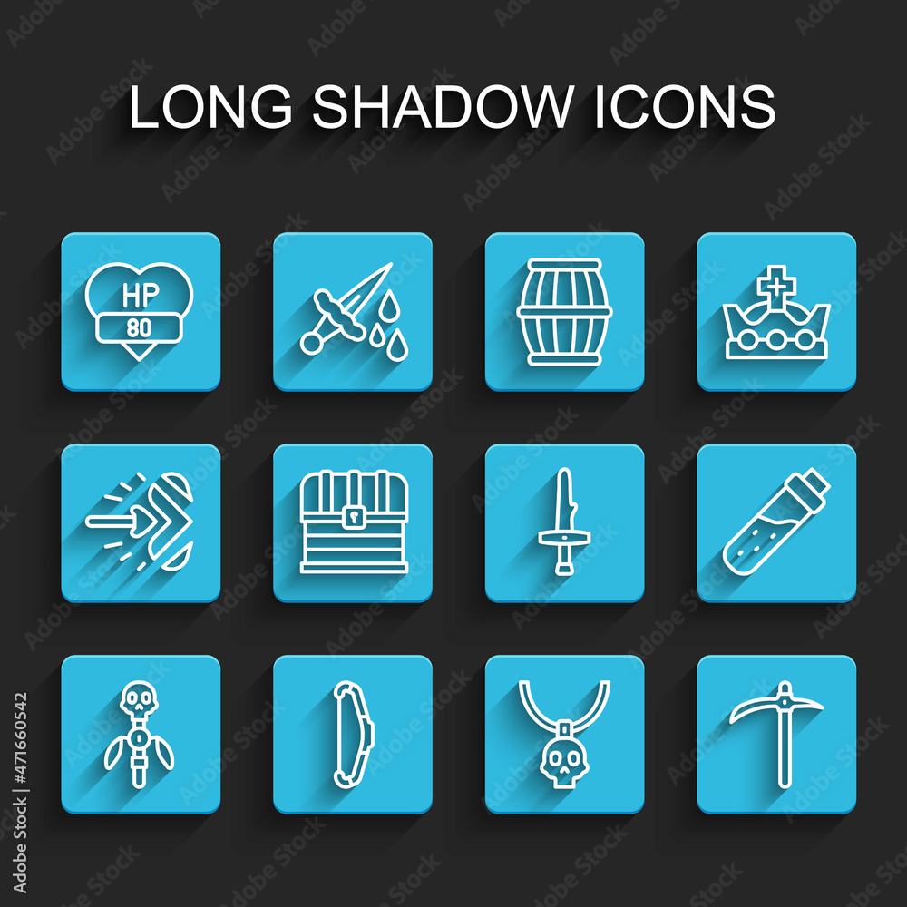 Set line Magic staff, Medieval bow, Video game bar, Necklace amulet, Pickaxe, Chest, Bottle with potion and Dagger icon. Vector Set line Magic staff, Medieval bow, Video game bar, Necklace amulet, Pickaxe, Chest, Bottle with potion and Dagger icon. Vector
