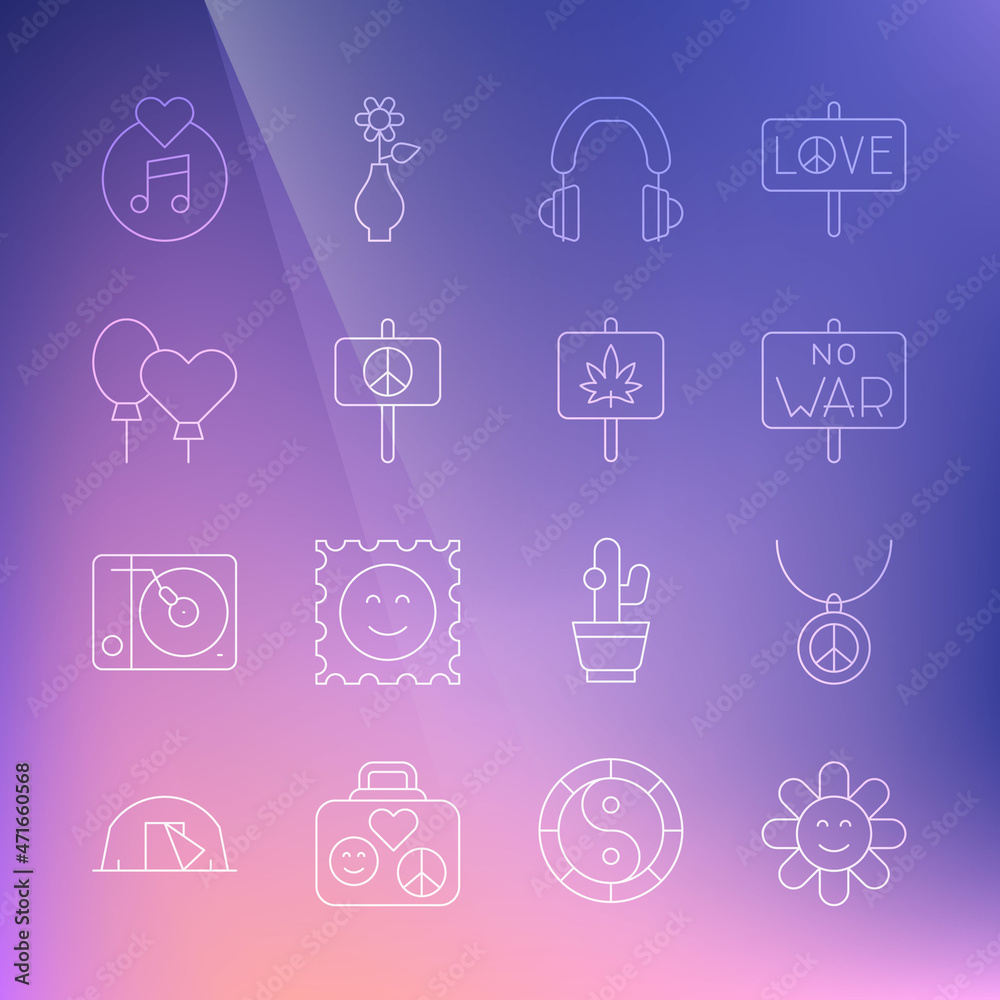 Set line Flower, Necklace with peace symbol, No war, Headphones, Peace, Balloons, Vinyl disk and Marijuana icon. Vector Set line Flower, Necklace with peace symbol, No war, Headphones, Peace, Balloons, Vinyl disk and Marijuana icon. Vector