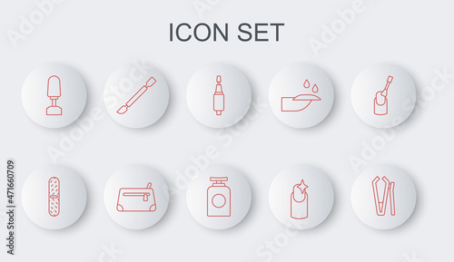 Set line Nail cutter, file, Milling for manicure, Cuticle pusher, Cosmetic bag and Tube of hand cream icon. Vector