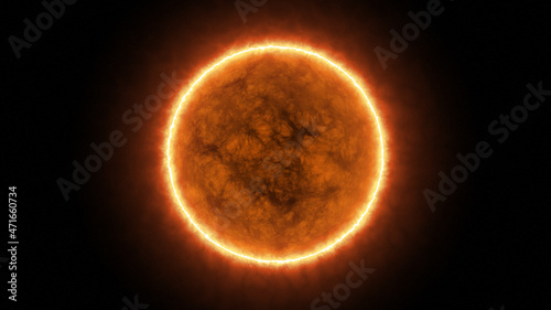 Realistic burning sun solar surface with flares in space. 3d render 