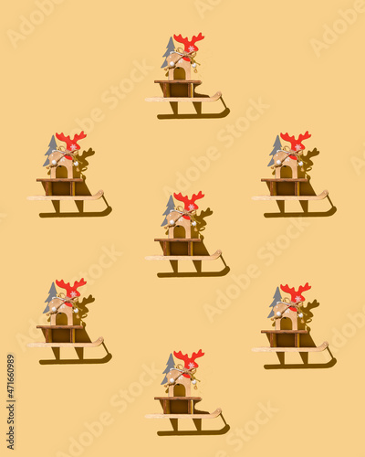 Christmas reindeer pattern  wooden christmas decoration reindeer sled with christmas tree. Flat lay top view. Reindeer with antlers as announcers of the winter holiday season. Santa Claus helpers.